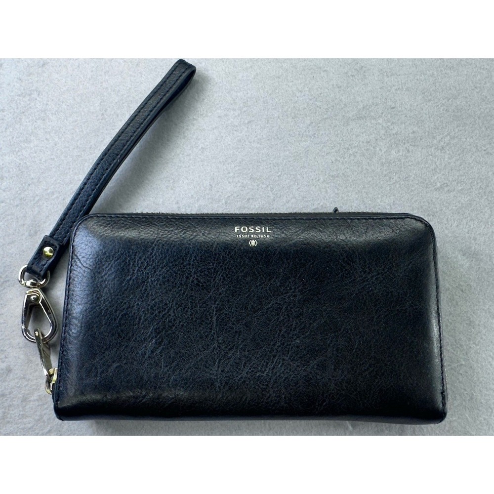 Fossil Black Leather Zip Around Wallet Cowhide Continental Organizer Slim